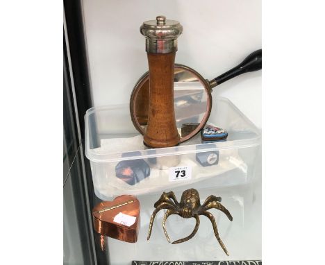 AN ANTIQUE MAGNIFYING HAND MIRROR, A SILVER MOUNTED PEPPER GRINDER, TRINKET BOXES ETC. 