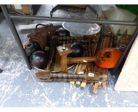 TWO ARTISTS EASELS, LAWN BOWLS, WOOD CANDLESTICKS, A TRUNK, A BRASS DISH, ETC.