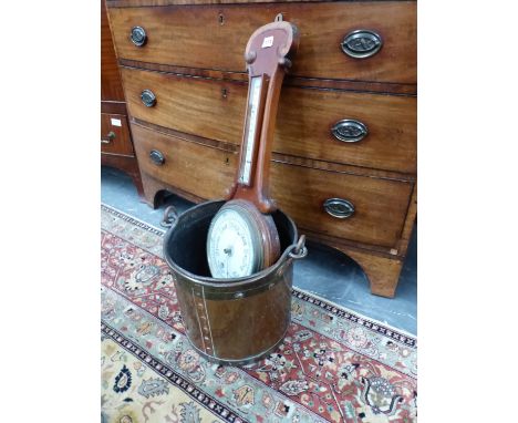 A VICTORIAN MAHOGANY BANJO CASED ANEROID BAROMETER AND MERCURY THERMOMETER TOGETHER WITH A CYLINDRICAL COPPER COAL BUCKET