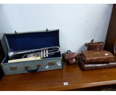 A VINTAGE SILVER PLATED TRUMPET BY J GRAS, PARIS, TOGETHER WITH WRAY BINOCULARS, TWO GENTLEMENS VANITY SET AND A VINTAGE CAME