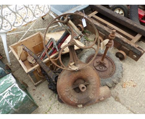 A VINTAGE CAST IRON BELLOWS, TOGETHER WITH A PAIR OF SMALL TRACTOR WHEELS ON AXLE, A VINTAGE PULL LIFT ETC