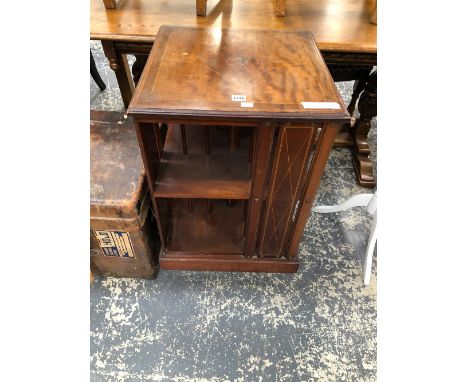 AN EDWARDIAN CHEQUER LINE INLAID MAHOGANY ROTARY BOOKCASE