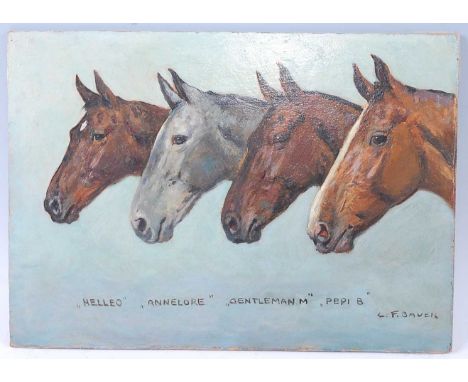 Carl Franz Bauer (Austrian, 1879-1954), Portrait of the racehorses Helleo, Annelore, Gentleman M and Pepi B, oil on board, be