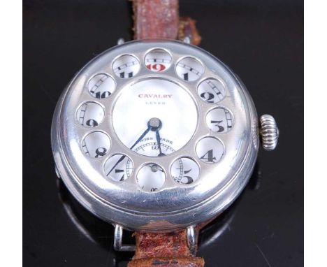 A WW I period Continental silver half hunter type Officer's wristwatch, the silver case with central aperture and twelve oute