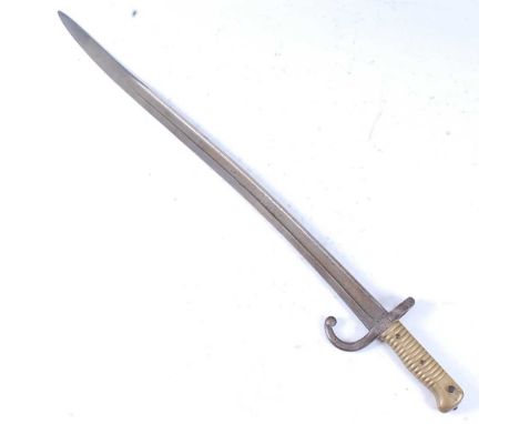 A French model 1866 chassepot bayonet, having a 57cm fullered yataghan shaped steel blade with hooked quillon stamped U 76965