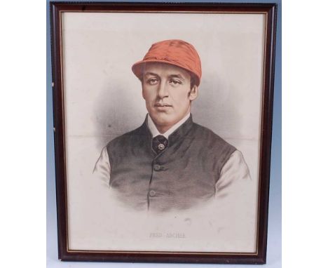 Fred Archer, (1857-1886) AKA The Tin Man, head and shoulders portrait in Lord Falmouth's colours, coloured lithograph by Ridd
