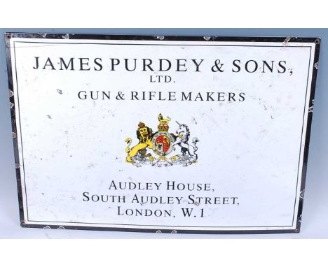 An enamel advertising sign for James Purdey &amp; Sons, Ltd. Gun &amp; Rifle Makers, Audley House, South Audley Street, Londo