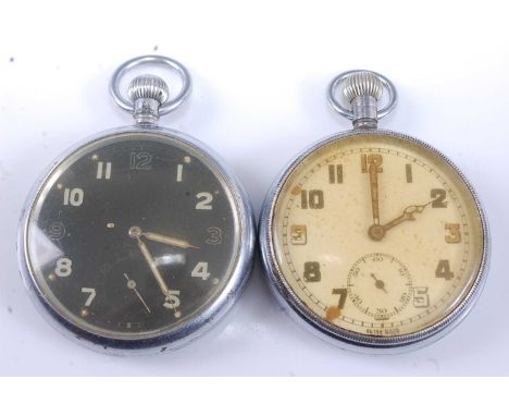 A Doxa military issue nickel cased open face pocket watch, the black enamel dial with Arabic numerals and subsidiary seconds 