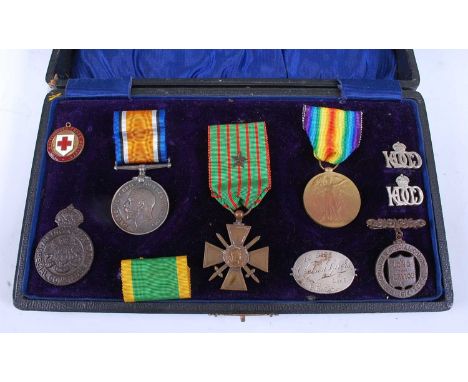 A collection of medals and badges to include WW I British War and Victory pair, naming S.N. SPIERS B.R.C. &amp; ST. J.J., Fra