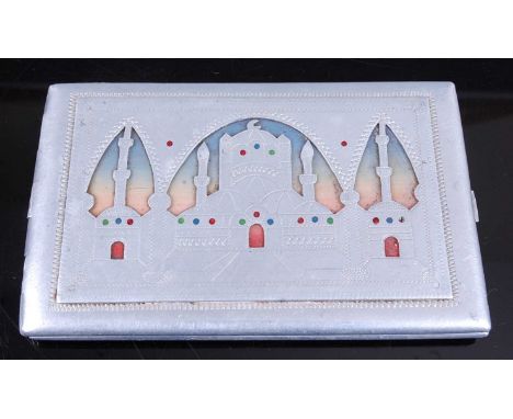A WW II Prisoner of War made alluminium pocket cigarette case, of rectangular form, the hinged cover decorated with a Mosque 