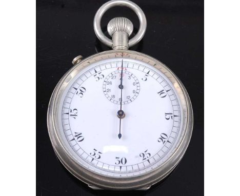 A military issue nickel cased open face stopwatch, the enamel dial with Arabic numerals and subsidiary second dial, the case 