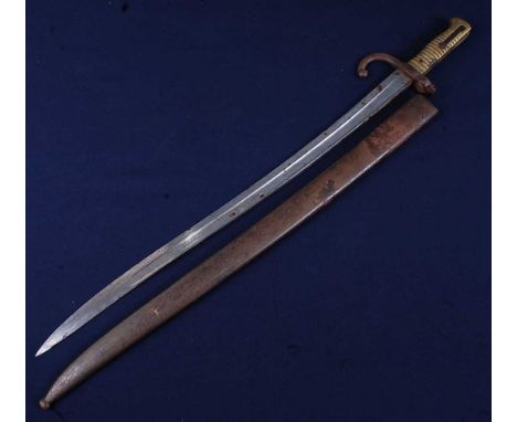 A French model 1866 Chassepot bayonet, having a 57cm Yataghan shaped fullered blade, the hooked quillon numbered S68890, with