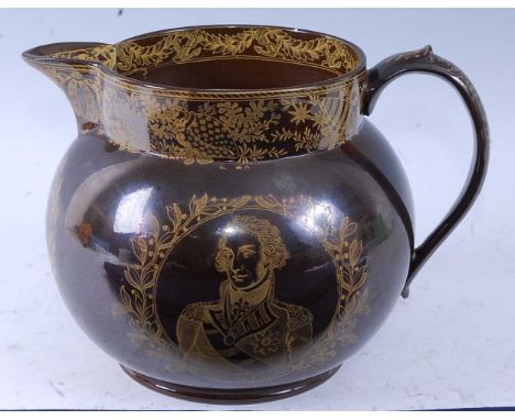 A 19th century pearlware Nelson commemorative jug, on a brown ground printed in yellow with a portrait of Lord Nelson within 