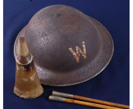 A WW II Home Front Wardens helmet, with leather liner and canvas chin strap, marked indistinctly, together with two O.T.C. sw