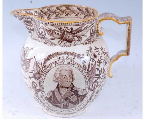 An early 19th century Nelson commemorative jug, transfer printed in brown with a portrait of Nelson within legend "England Ex