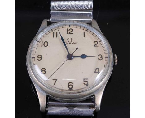 An Omega R.A.F. pilots steel cased wristwatch, circa 1945, the signed enamel dial with Arabic numerals and outer seconds mark