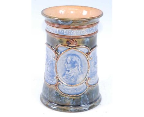 A Royal Doulton stoneware Nelson commemorative vase, circa 1905, on a mottled green ground relief decorated with a portrait p