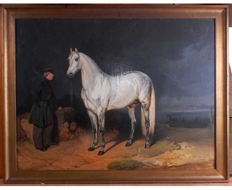 T Burre Bundy (XIX) - Study of an Arabian Grey with stableboy in a landscape, oil on canvas, signed and dated 1854 lower righ