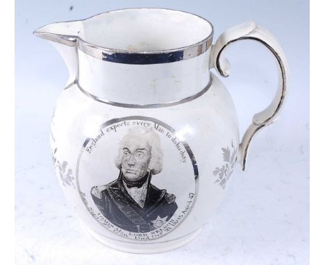 An early 19th century pearlware and silver lustre decorated Nelson commemorative jug, printed in black with a portrait of Adm