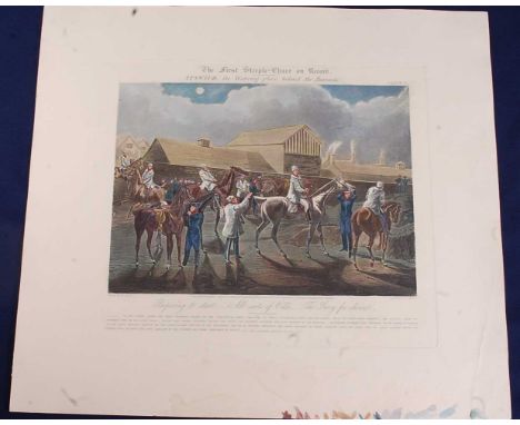 John Harris after Henry Alken, (19th century), The First Steeple Chase on Record, plates I-IV, aquatint engraving, hand colou