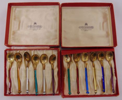 Two cased sets of David Andersen Norwegian enamel teaspoons, approx total weight 118g