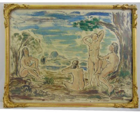 Roderic O’Connor framed and glazed sketch of nudes in a landscape in the style of Paul Gauguin, details to verso, 45 x 59cm