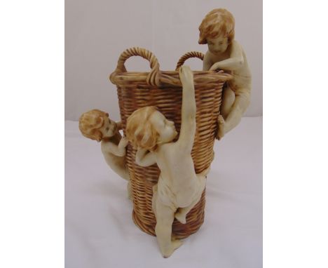 An Austrian late 19th century ceramic vase in the form of a basket with three applied putti, 33cm (h)