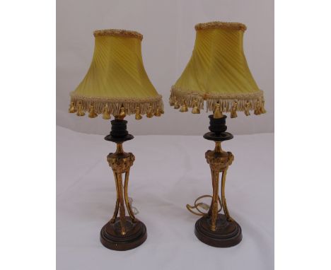 A pair of gilded metal table lamp stands on raised circular bases with shades, 38cm (h)