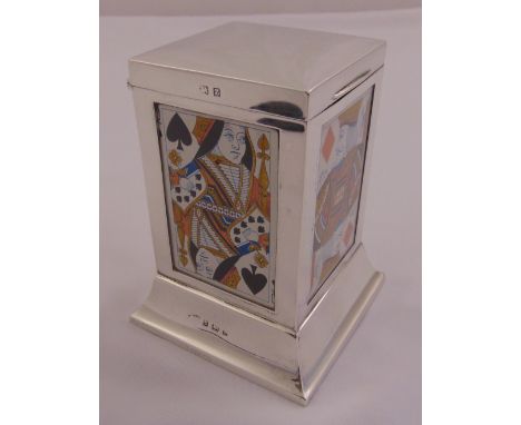 Silver rectangular playing card holder, hinged cover cedar wood lined, on raised square base, Birmingham 1924, 13.5 x 10 x 10