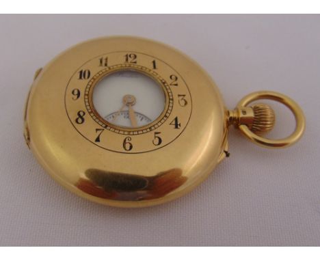 J.W. Benson London 18ct yellow gold half hunter pocket watch, white enamel dial, Arabic numerals and subsidiary seconds dial,