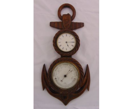 A Victorian hand carved rope and anchor framed wall clock and Barometer, 53cm (h)
