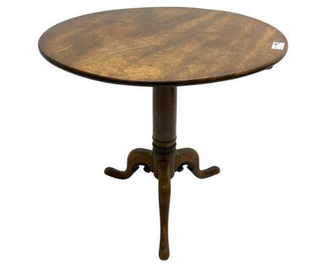 George III mahogany tripod table, circular tilt-top on gun barrel pedestal with three splayed supports carved with scrollsDim