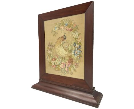 Victorian mahogany fire screen, the tapestry panel depicting peacock and flowersDimensions: Height:&nbsp;84cm&nbsp; Length/Wi