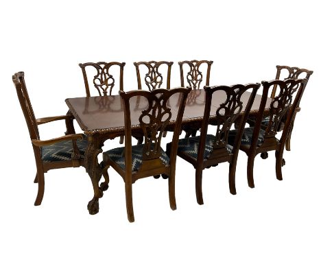 Chippendale Revival - hardwood extending dining table, rectangular gadroon carved top, on acanthus carved cabriole supports w