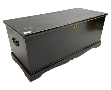 Victorian pine blanket  box, hinged lid enclosing small hinged compartment, fitted with metal carrying handles, on bracket fe