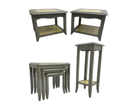 Pair of cream and grey finish square lamp tables with undertiers (60cm x 60cm, H45cm); matching nest of three occasional tabl