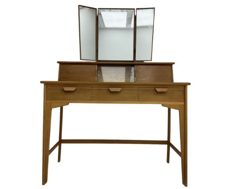 Heals of London - 1950s walnut and beech dressing table, raised triple mirror back over trinket compartments enclosed by slid
