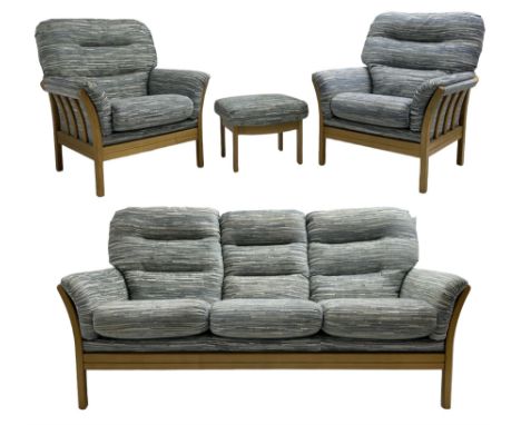 Ash framed four-piece lounge suite, two seat sofa (W183cm, H95cm, D91cm); pair of matching armchairs (W82cm); and matching fo