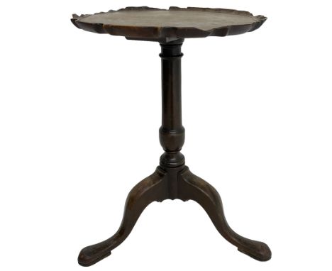 George III mahogany tripod table, circular moulded pie-crust top on turned pedestal, three splayed supports with angular spad