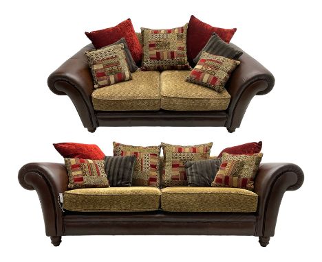 DFS - 'Perez' three-seat sofa (W222cm, H90cm, D105cm); and matching two-seat sofa (W188cm); upholstered in stitched brown fab