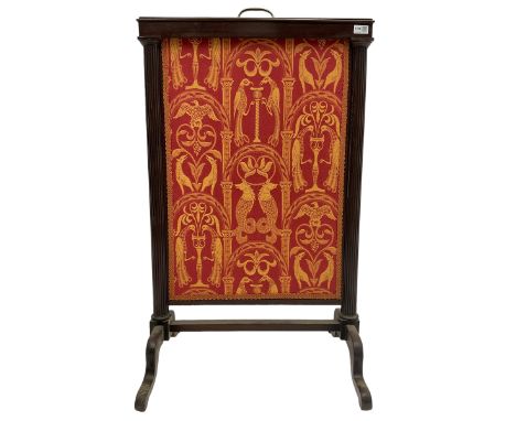 19th century mahogany framed fire screen, adjustable extending screen with crimson upholstery screen decorated with gilt hipp