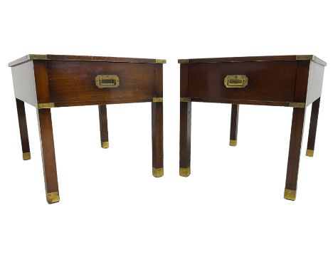 Pair of mahogany military campaign design lamp tables, rectangular form and brass bound, each fitted with single drawer, bras