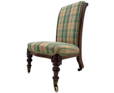 Small Victorian walnut framed nursing chair or doll's chair, upholstered in checkered fabric, turned front supports, brass an