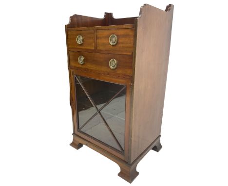 Edwardian mahogany side cabinet, fitted with two short drawers over single long drawer, enclosed by single glazed door, on sh