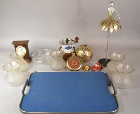 A Tray of Sundries to Include Etched Glass Light Shades, Clockwork Tinplate Toys, Coffee Grinder, Mantle Clock, Figure, Balle