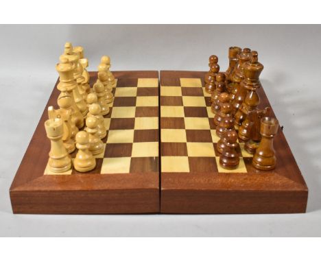 A Modern Inlaid Chess/Backgammon Board Containing Full Set of Wooden Chess Pieces, Kings 9cm high 