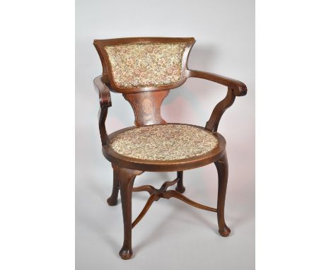 An Edwardian Circular Seated Inlaid Mahogany Smokers Bow Arm Chair with Tapestry Upholstered Seat and Back Rest 