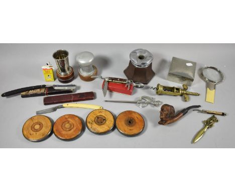 A Small Collection of Curios to Include Bakelite Ashtray, Pewter Cigarette Box, Double Action Corkscrew, Magnifying Glass, Co