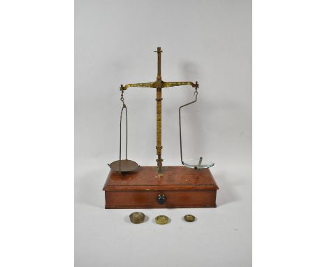 A Set of 2oz Class B Pan Scales on Mahogany Plinth Base with Single Fitted Long Drawer Containing Weights, 25.5cm wide 