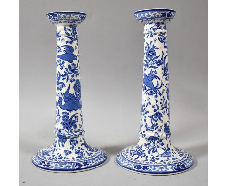 A Pair of Burleigh Ware Blue and White Candlesticks, 21cm high 